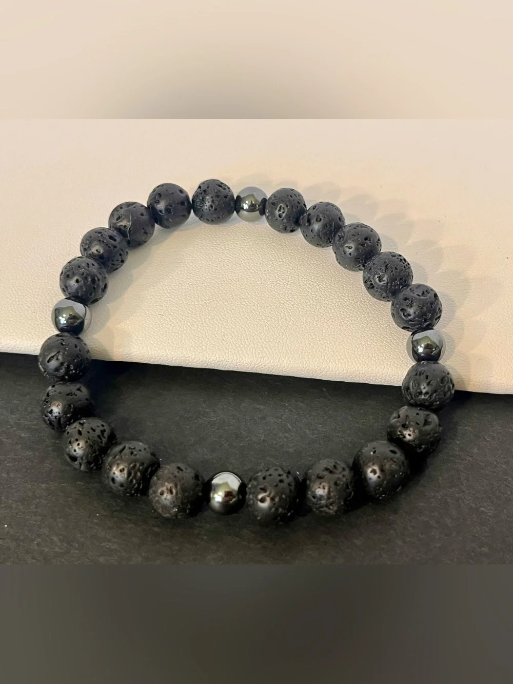 Extra Large Mens Black Lava Stone Beaded Bracelet with Hematite Accents